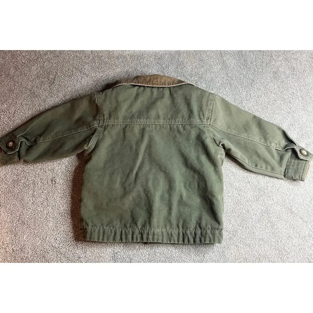 OshKosh B'gosh BabyBoy Green Utility Barn Jacket Corduroy Collar Plaid Lined 12M
